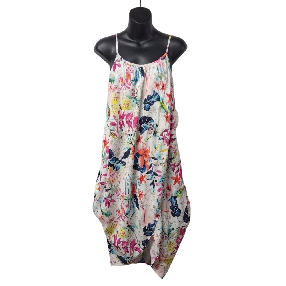 Mynah Floral Halter Asymmetrical Hem Dress Viscose Tropical Faux Wrap Sz M NWT
